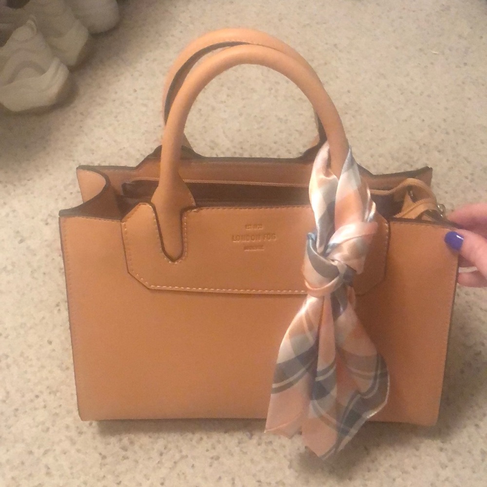 Peach leather handbag with scarf